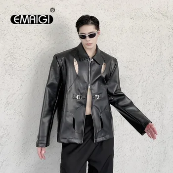 גברים נטו אופנה סלבריטאים חלולים 3D לשלב ג ' קט עור הבמה בגדים זכר אופנת רחוב עור אופנוע מעיל הלבשה עליונה