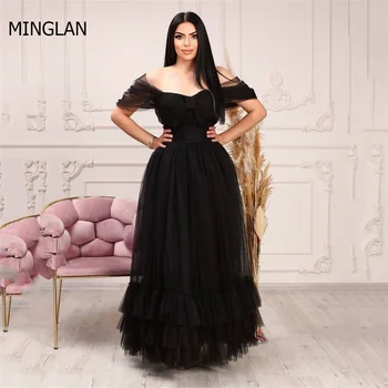 MINGLAN שחור הסירה הצוואר מן הכתף ללא שרוולים קו ארוך שמלה לנשף באורך רצפת קפלים Ruched אלגנטי ערב רשמי שמלה.