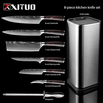 XITUO סכין מטבח, סט שף יפני סכין נירוסטה Santoku סכינים לייזר דמשק השירות פרוסות לחם סכין קצבים
