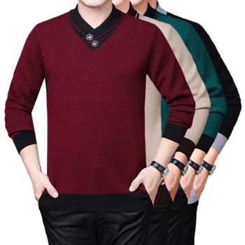 אדם כפתורים עיצוב סוודר באיכות גבוהה מוצק עבה, סוודרים Pullovers ארוך שרוול סלים חם מגשר
