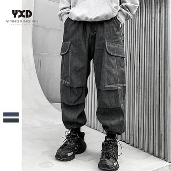 בגדי גברים גברים אופנת רחוב 2022 מזדמן פגע צבע קו מטענים ג 'ינס לגבר Harajuku רצים מכנסיים זכר כותנה, ג' ינס מכנסיים