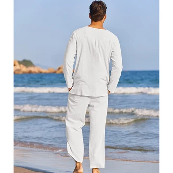 גברים s קיץ כותנה פשתן תלבושת להגדיר שרוול ארוך הנלי החולצה אלסטי המותניים שרוך המכנסיים Loungewear להגדיר