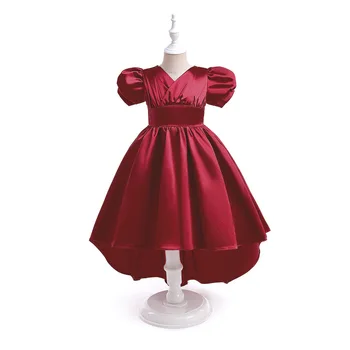 אדום עם שרוולים קצרים חתונה שמלות מסיבת יום ההולדת לילדים 4-10Y Hi-LO נשף שמלת נשף אלגנטית לבוש רשמי עבור בנות