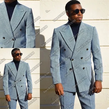 תחפושת Homme Blue אדרה חליפות גברים לחתונה זכר בגדי אופנה כפול עם חזה ג ' קט עם מכנסיים החתן לובש 2022