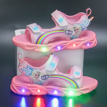 דיסני קפוא סרט מצויר LED להאיר סנדלים אלסה הנסיכה בנות נעלי אופנה האור ילדים סנדלים בקיץ 2022 הנעל ילד ילדה