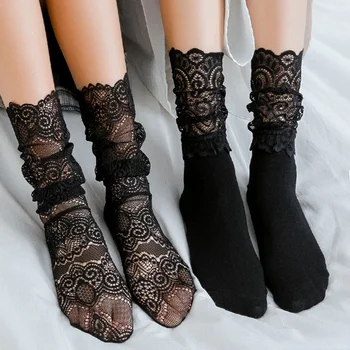 נשים תחרה שחורה גרביים חלול תחרה שקוף גרבי כותנה טהורה יפנית צמר גרביים השמיכה צבע הנסיכה גרביים