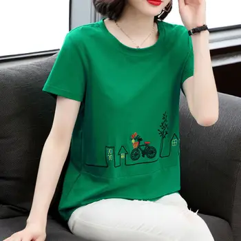 O הצוואר כותנה חולצת אישה קיץ האופנה שרוול קצר חולצה של נשים חולצה רופף בסגנון קוריאני של נשים חולצות J307