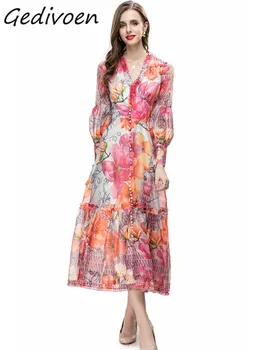 Gedivoen קיץ אופנה המסלול וינטג ' פרחוני הדפסה השמלה נשים V-Frenulum יחיד בעלות גבוהה המותניים שולי קפלים שמלה ארוכה