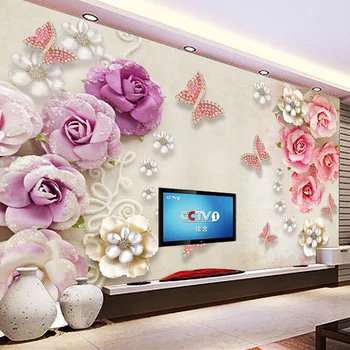 סגנון אירופאי 3D סטריאו הקלה תכשיטי פרחים פרפר תמונה טפט בסלון טלוויזיה ספה רקע ציורי קיר לעיצוב הבית 3D