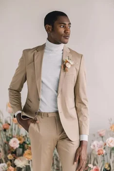 חליפות גברים עיצוב אופנה גברים חליפה מחורצים דש אור חאקי המעיל בלייזר עסקים החתונה תחפושת 2pcs ' קט מכנסיים