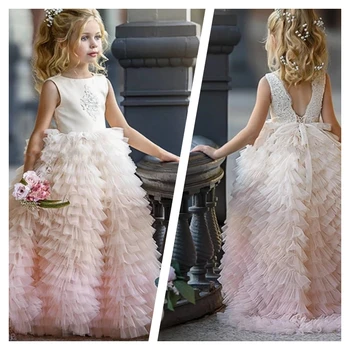 אלגנטי בשכבות נסיכה ילדה שמלות ללא שרוולים בהתאמה אישית ילדים ילדה פרח שמלת החתונה זמן התחרות שמלות שמלה