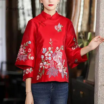2022 אביב, סתיו סגנון אתני טאנג חליפת מעיל רטרו רקמה כפתור הסינית העליונה נשים טופ אלגנטי חופשי החולצה