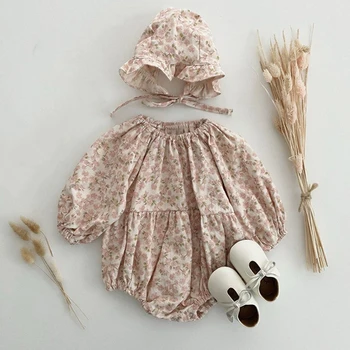תינוק תינוקת בגד אביב סתיו פרחוני הדפסה שרוול ארוך הוללות עם כובע לתינוקות כותנה לילדים בגדים בנות 0-2Y