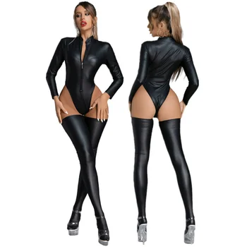 שחור Wetlook PVC לטקס בגד דמוי עור Catsuit+גרב הלבשה תחתונה סקסית Catsuit הגברת גבוהה לחתוך סרבל סרבל Clubwear