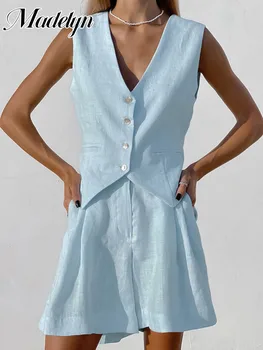 מזדמן האפוד 2 ערכות קטע נשים תלבושות כותנה פשתן בגדי קיץ לנשים מינימליסטי גופיה קצרה סט אלגנטי צוואר V חליפה