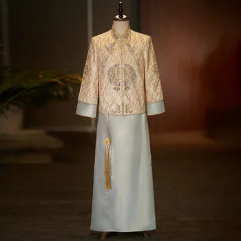 Yourqipao 2023 סיני חדש קובע חליפת חתונה הקבלה טוסט שמלה Xiuhe בגדים רקומים דרקון ופניקס ' קט לגברים