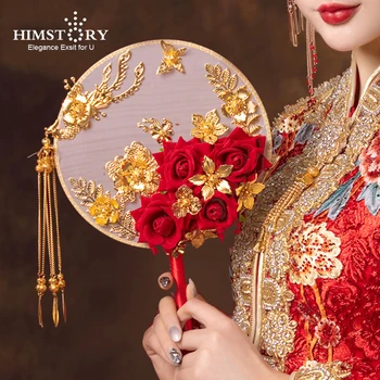 HIMSTORY סיני משובח הכלה מחזיקה פרחים סיבוב המאוורר ורדים אדומים פרחים פניקס זרי כלה יד אביזרים