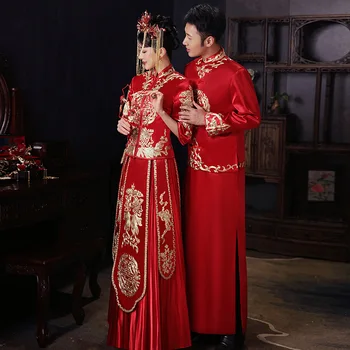 מעולה קרפיון רקמה Cheongsam הסינית אלגנטי לכלה להתחתן עם שמלה כמה חליפת חתונה китайская одежда