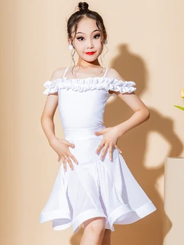 ילדים הלטינית שמלת ריקוד בנות אימוני קיץ בגדים שמלה לבנה רומבה ריקודים סלוניים ביצועים תחרות השמלה DNV18138