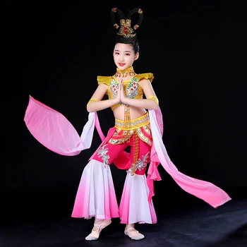 בנות Dunhuang הופעת ריקוד תלבושות אתניות ילדים קלאסית לרקוד ריבאונד לאוטה ביצועים תחפושת