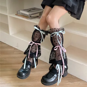 Harajuku בנות מתוק תחרה הרגל מכסה גרביים סרט ציצית קשת קפלים לבנים צבע ממתקים צח
