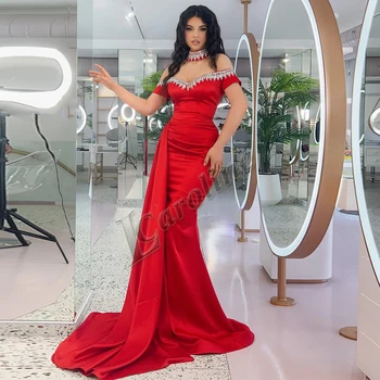 קרוליין סקסי אדום ריינסטון שמלת סטרפלס שמלות ערב לנשים ים את כתף שמלות לנשף מסיבת בהזמנה אישית Vestidos