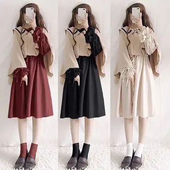 Kawaii להתלבש בחליפה אביב סתיו יפנית בנות בית הספר מדים תלמיד פן צווארון שרוול ארוך שמלה גלימה וצעיף