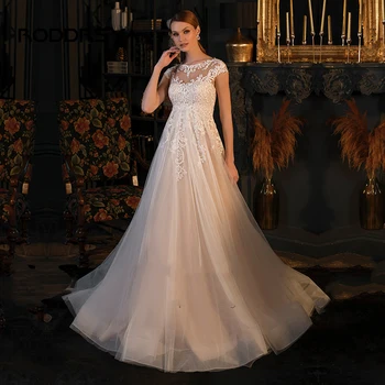 RODDRSYA אלגנטי קו שמלת החתונה עבור הכלה אפליקציות תחרה גבוהה המותניים שמלת כלה טול שרוול כובע משובח vestidos דה noiva