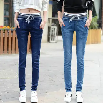 אלסטי המותניים הרמון מכנסיים ג ' ינס של נשים באביב ובסתיו נשים תחרה עיפרון מכנסיים למתוח סלים מכנסיים