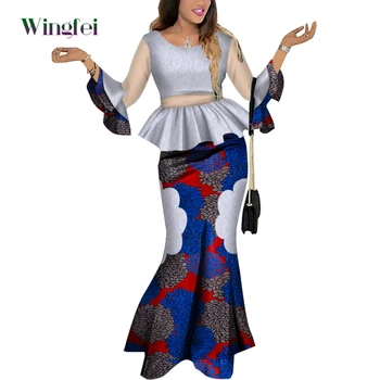 אפריקה נשים Boubou דאשיקי תחרה העליון החולצה אפריקה הדפסה החצאית 2 חתיכות להגדיר דאשיקי נשים שמלות ערב הזיקוקים שרוול WY3360
