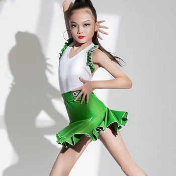 ריקודים לטיניים בגד ירוק חצאיות הכשרה חליפה מקצועית ילדים ריקודים לטיניים שמלת בנות תחרות בגדים DN14885
