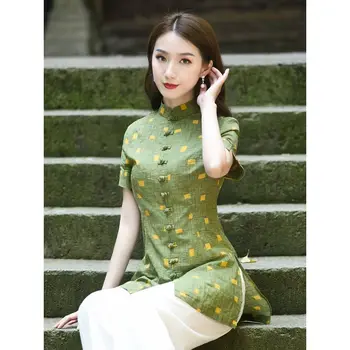2023 הסיני צ ' יפאו cheongsam העליון שרוול קצר לעמוד צווארון מזדמנים נשים רופף העליון חולצה אלגנטית hanfu tangsuits החולצה a792