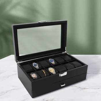 קופסת השעון עם חניה במגירה - 12 חריץ שעון יוקרה תיק תצוגה ארגונית מתכת אבזם תכשיטים שעונים תיבות אחסון בעל