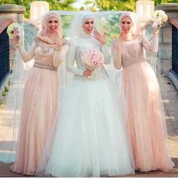 האסלאמית סגנון שרוול ארוך שמלת כלה חיג ' אב לבן חרוזים המוסלמים Vestido de Noiva החלוק de Mariage האמא של הכלה שמלות