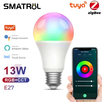 Tuya Zigbee 13W נורה E27 RGB מנורת LED ניתן לעמעום תזמון עם חכם החיים אפליקציה שליטה קולית על הבית של Google אלקסה