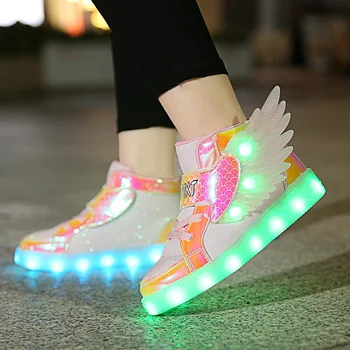 זוהר ילדים נעלי ספורט נטענת כנפיים LED זוהר של ילדים נעלי ספורט פלאש נערים ונערות, נעלי תלמידים לבנים.