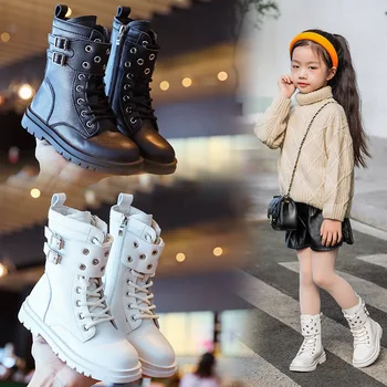 סתיו החורף חדש לילדים מגפיים קצרים בסגנון בריטי הראה שחור כותנה מרופדות, נעלי בנות מגפי שלג עור הנעל