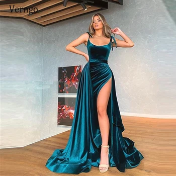 Verngo 2021 האנטר קטיפה, ארוכים שמלות ערב עם רכבת להסרה רצועות ספגטי גבוהה שסף רשמית מסיבה פשוטה שמלות