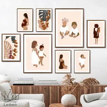 אמא וילד תינוק משפחתי חם פוסטרים, הדפסים בוהמיים מינימליסטי קיר אמנות בד הציור המודרני הביתה קישוט חדר השינה