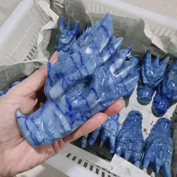 14cm טבעי כחול דונגלינג ג ' ייד דרגון ראש גולגולת קריסטל חיה גילוף ריפוי אנרגיה אבן ליל כל הקדושים קישוט הבית מתנה 1pc