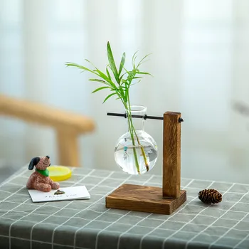 הנורה אגרטל עם עץ מעמד שולחני זכוכית עציץ עבור הידרופוניקה, צמחים שקוף קפה בחדר שולחן קישוט