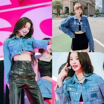 Kpop ג 'אנג וון נשים צעירות חדש אופנה אופנת רחוב מעילי סתיו כחול חופשי יחיד עם חזה ג 'ינס ג' קט ילדה בציר קצרות מעילים