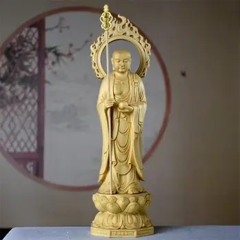 עץ מלא גילוף Ksitigarbha דקורטיביים פסל ，מגולף ביד，סיני פסל בודהה הביתה הסלון פנג שואי קישוט