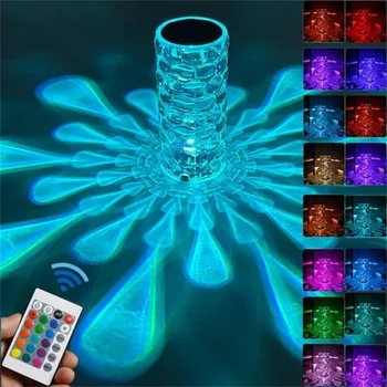 מנורת שולחן LED קריסטל Waterdrop מקרן 3/16 צבעים מגע מתכוונן רומנטי יהלום אווירה USB אור לגעת לילה אור