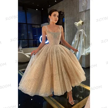 מקסים הצווארון המרובע רצועות ספגטי שמלות נשף 2023 קו הקרסול-lengh חרוזים טול רוכסן בהזמנה אישית שמלת רשמי
