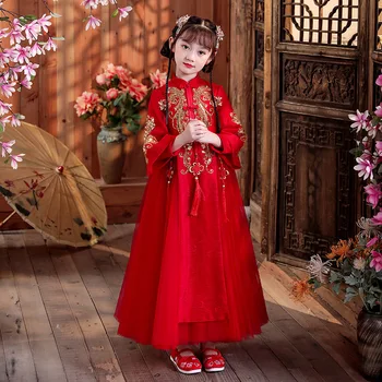 Autunm החורף בנות שנה חדשה תלבושות סינית מקסימה רקמה ילדים טאנג חליפה מסורתית עבה קייפ האן-פו