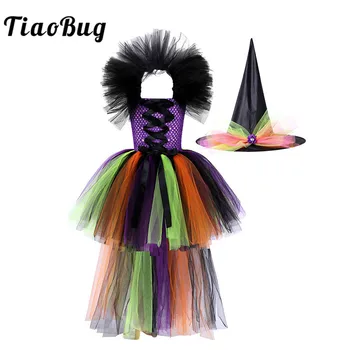 TiaoBug ילדים בנות ליל כל הקדושים תחפושת המכשפה הקולר שרוולים קשת טוטו רשת שמלה עם כובע להגדיר קרנבל Cosplay בגדי המסיבה