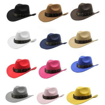 צמר הרגיש כובע בוקרים למבוגרים עם חגורה אופנה קרנבלים מסיבת תחפושות קאפ נשים גברים ליל כל הקדושים פסטיבל הכובעים