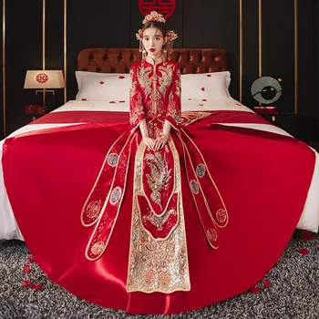 בורדו משובח פאייטים פיניקס רקמה כלה שמלת חתונה אלגנטית מנדרין צווארון סיני נשים גברים נישואים Cheongsam