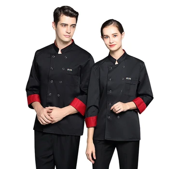 שחור שף מעילי גברים שרוול ארוך מטבח המסעדה בישול חולצת מדים מלון נשים מלצר לעבוד בגדים מאפייה הסרבל.